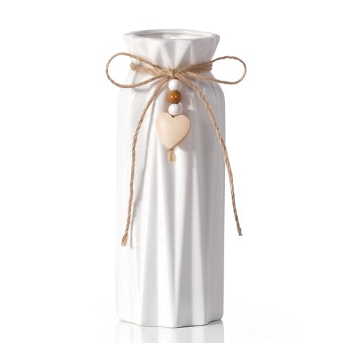 UoYeet 21CM Ceramic Vase with Geometric Pattern, Decorative White Vase with Jute Rope & Heart Charm for Flowers and Pampas Grass, Home Décor, Table Centerpieces,
