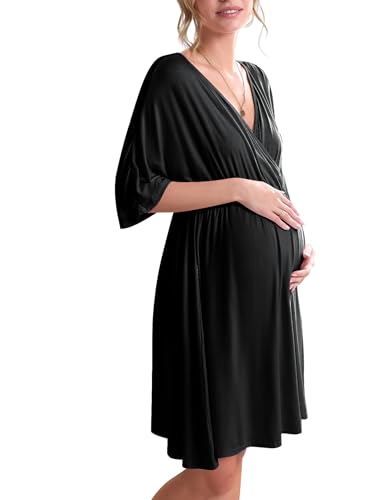 Ekouaer 3 in 1 Labor/Delivery/Hospital Gown Maternity Dress Nursing Nightgown Sleepwear for Breastfeeding, Black, Medium
