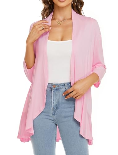 Image of YnimioAOX Women's Cardigan Lightweight Open Front 3 /4 Sleeves Draped Ruffles Knit Cardigan Sweaters