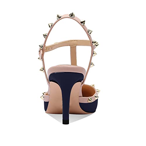 Image of XINIUNIU Studded Heels for Women Kitten Heels with Studs Stiletto Sandals with Rivet Ankle Strap Patent Leather Pointy Toe 2.5 Inch Party Daily Wear Evening Sandals