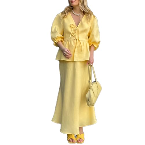Womens Maxi Skirt 2 Piece Outfits Solid Color V Neck Puff Sleeves Top High Waist Maxi Skirt Casual Going Out Sets