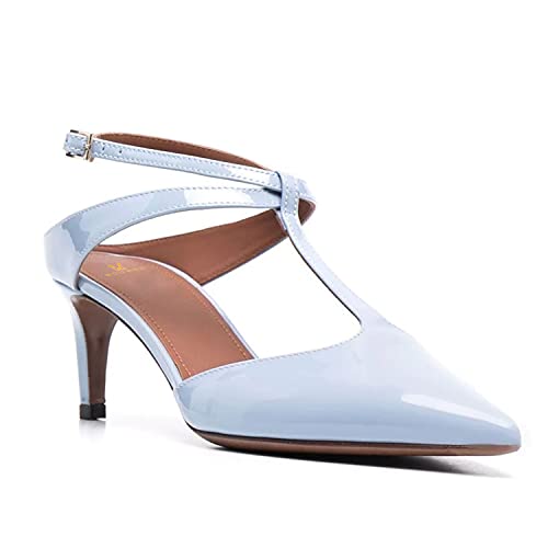 MOOMMO Women Pointed Toe High Heel Pumps T-Strap Slingback Ankle Strap 3 Inch Mid Heel Sandals Close Toe Patent Leather Cute Sexy Cutout Dress Shoes Work Party Date 4-13 M US