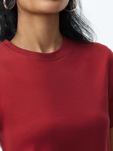 Image of The Souled Store Casual Classics: Women and Girls Short Sleeves Spread Collar Solid Cotton Regular Fit Breathable Lightweight Trendy Everyday T-Shirt