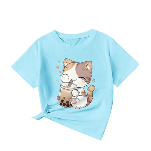Image of KEEVICI Cute Cat Shirts for Girls Graphic Tees Bubble Tea Tshirt Kids Kawaii Cartoon Animal Print T Shirt Summer Cotton Tops