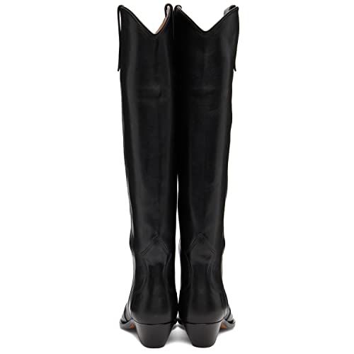 MOOMMO Women Suede Cowboy Knee High Boots Slouch Low Thick Heel Pointed Toe Long Western Boots Wide Calf Pull On Tall Riding Boots Cowgirl Pleated Chunky Heel Dress Boots Casual 4-11 M US4