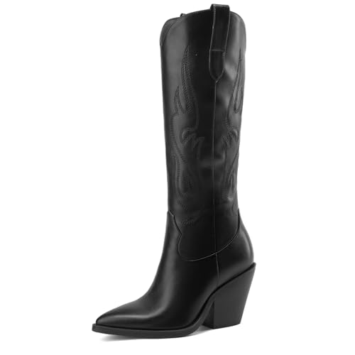 Cowboy Boots for Women Embroidered Pointy Toe Chunky Heeled Knee High Western Boots Shoes2