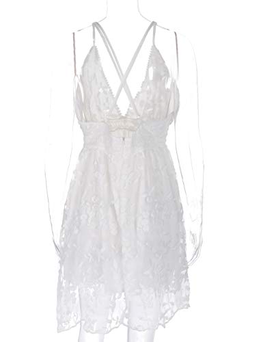 Image of Women's V-Neck Spaghetti Strap Floral Backless Sleeveless Lace Mini Flowy Swing Skater Dress