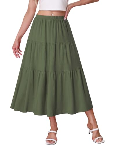 Kingfancy Women's Boho Midi Skirt A-Line Flowy Skirts Army Green L