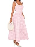 ChiaoLezhee Plaid Maxi Dress A Line Drop Waist Wedding Guest Tea Party Pastel Gingham Square Neck Flowy Semi Formal Picnic Dresses for Women Bridesmaid Checkered Corset Summer Spring Light Pink Small
