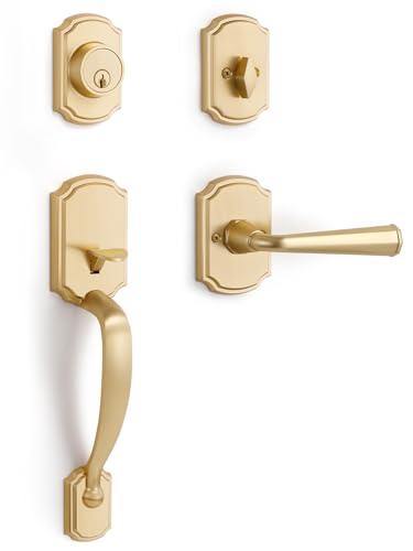 SORWDUERM 1 Pack Gold Front Door Handle and Deadbolt Set Reversible Brushed Brass Lever Entry Lock Handleset with Key Single Cylinder