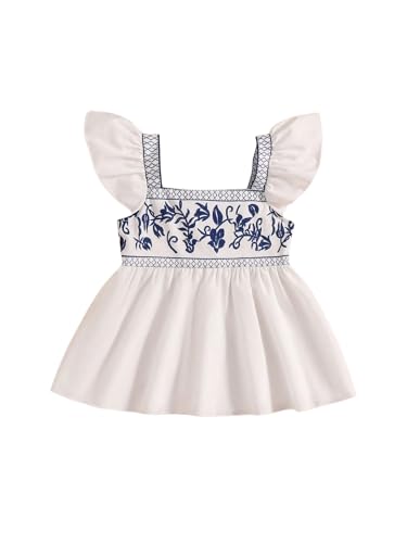 OYOANGLE Girl's Boho Floral Embroidery Cap Sleeve Babydoll Blouse Ruffle Peplum Tank Tops