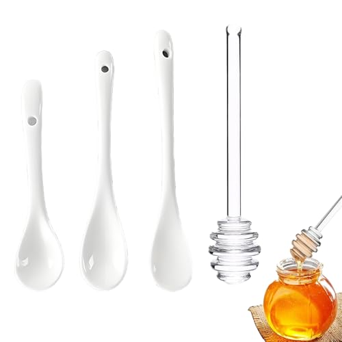 3 cucchiaini in porcellana con bicchiere di miele, cucchiaino bianco e mescolatore di miele trasparente, piccoli cucchiai per caffè, tè, dessert miele marmellata (3)