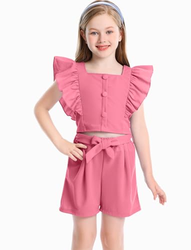 Image of Toddler Girls Two Piece Square Neck with Button Ruffled Sleeveless Top and Bow Tie Waistband Short Sets