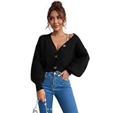 LUXFAB Womens Balloon Sleeve Chunky Knitted 3 Button Crop Cardigan V Neck Stretchy Fisher Knit Sweater Winter Warm Fancy Party Wear Top UK 8-14 Size (UK, Alpha, One Size, Regular, Regular, Black)