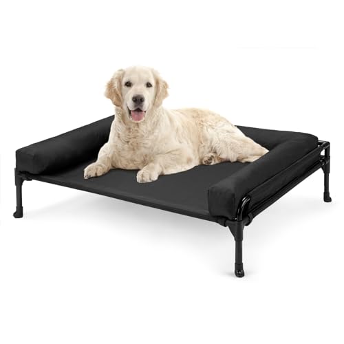 Veehoo Elevated Raised Dog Bed-Cooling Outdoor Dog Cot Bed for Large Sized Dogs Three-Sided Fence Raised Pet Cot with Mesh & No-Slip Feet Dog Hammock Bed with Removable Bolster-35 x 22