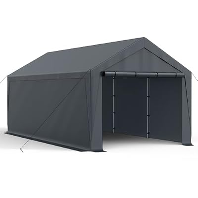 Raxmolo 10x20FT Heavy Duty Carport, Portable Garage with Removable Sidewalls and Doors for Car, Truck, SUV, UV Resistant Waterproof Carport Canopy for Outdoor, All-Season Tarp for Car (Gray)