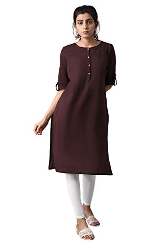 Image of W for Woman Cotton Yellow Solid Mandarin Collar Straight Kurta