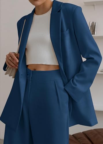 KIRUNDO Women's 2025 Spring Fall 2 Piece Blazer Set Casual Loose Long Blazer Jackets and Dressy Wide Leg Pant Suits Pockets(Dark Blue, X-Large)