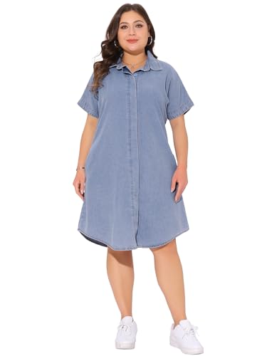 Image of Agnes Orinda Plus Size Denim Dress for Women Short Sleeve Button Down with Pockets Midi Jean Denim Shirt Dresses