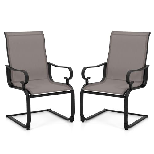 Image of Giantex Patio Dining Chairs Set of 2, High Back Outdoor Patio Chairs with Metal C Spring Frame, Heavy Duty Outside Dining Chairs for Porch Lawn Garden Backyard Balcony Pool, Grey
