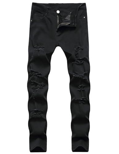 Men's Holes Ripped Black Stretch Denim Jeans