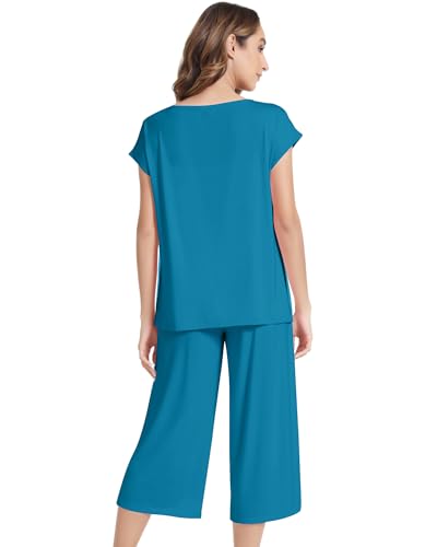 Image of NACHILA Women's Pajamas Set Short Sleeve Sleepwear Soft Pjs Cool Pajama with Capri Pants, Viscose Made from Bamboo