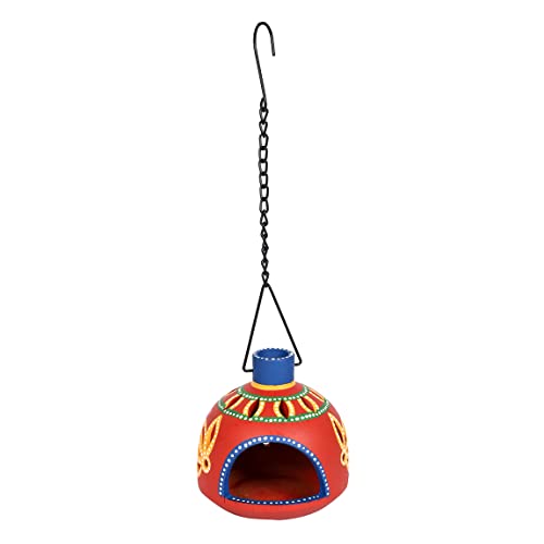 Image of AAKRITI ART CREATIONS Terracotta Handpainted Red Matki Hanging Tea Light | Floral Art Handmade Hanging Decor | Matte Finish Terracotta Decorative Hanging Items for Home | Handpainted Decor