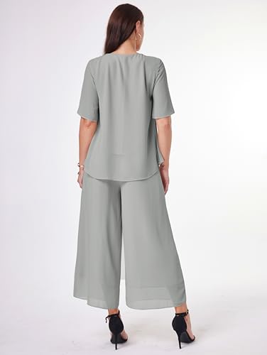 Women's 2 Piece Chiffon Sets Outfits Flowy Summer Casual Dressy Pantsuits Loose Double Layers Blouse Pants Sets2