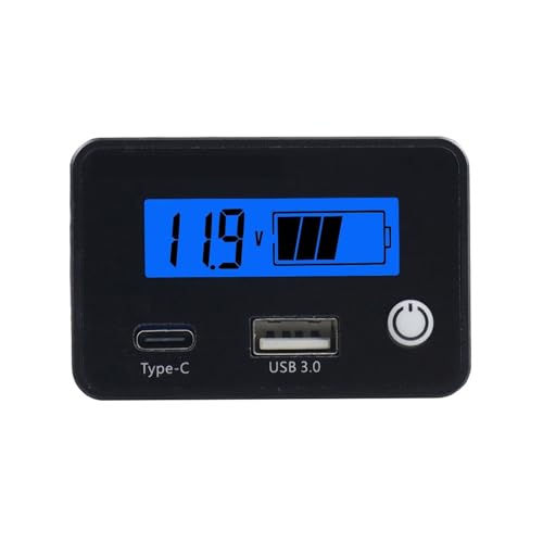 12V 24V 鉛蓄電池容量レベルインジケーターテスターメーター電圧計 USB Type-C カーチャージャー(Blue)