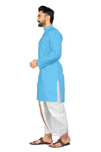 Image of UNIQUE MOMENTS Men's Cotton Dhoti Kurta Set with Full Sleeves Solid Pattern Modern Style and Mandarin Collar Neck | Perfect for Puja & Celebrations