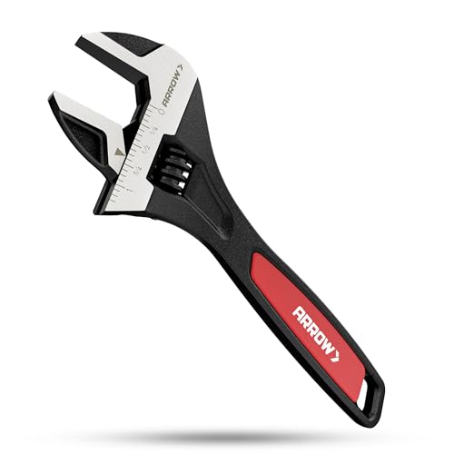 ARROW 8-Inch Adjustable Wrench, Cr-V Steel, Wide Jaw Black Oxide Wrench | Inch/Metric Laser Scales, Non-Slip Grip & Hanging Hole, for Home, Garage, Workshop and DIY