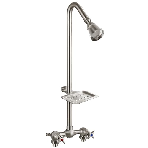 Aolemi Outdoor Shower Kit Fixtures Faucet System with High Pressure Showerhead Utility 2-Handle Exposed Shower with Brass Mix Valve 6 Inch Center with Soap Dish Brushed Nickel