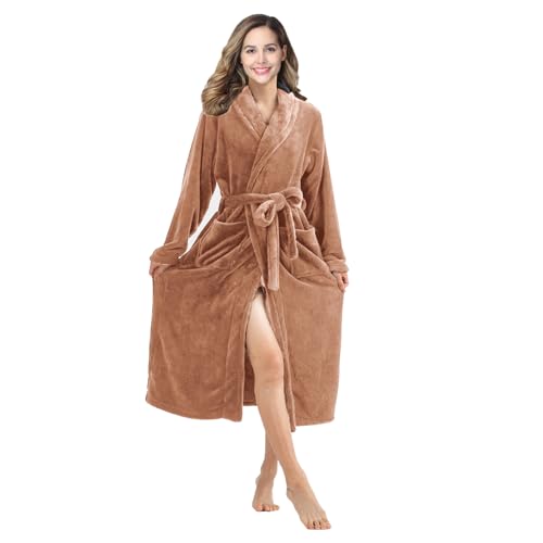 Image of RONGTAI Womens Bathrobe Ladies Fleece Plush Warm Long Robes Fleece Nightgown Sleepwear