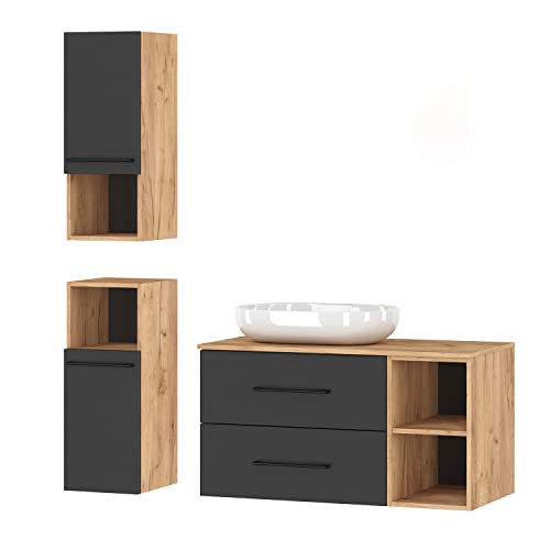 Planetmöbel Juego de muebles de baño LUX 100 cm oro roble/antracita sin lavabo con 2 armarios midi color dorado y antracita