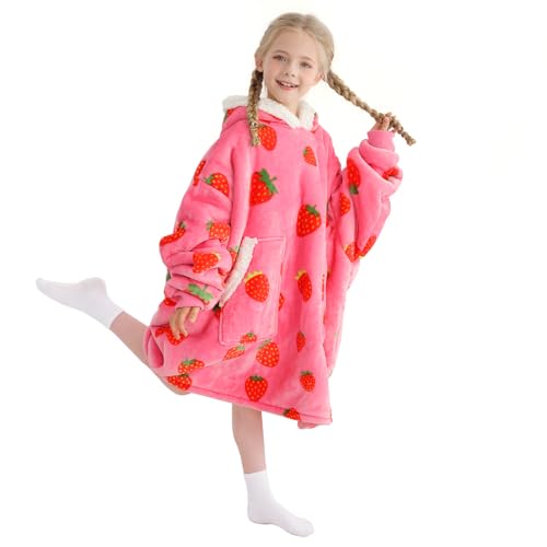 Kipswiza Strawberry Blanket Hoodie for Kids, Oversized Soft Sherpa Fleece Wearable Blankets Sweatshirt Gifts for Girls Mom's Daughter