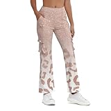 Women Golf Pants With Pockets Leopard Pattern Flare Bell Bottom High Waist Yoga Pants Stretch Casual Cargo M