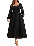 RWJ Black Formal Dresses for Women, Plus Size Cocktail Dress with Pockets Long Sleeve V-Neck Smocked Fall Spring Empire Waist Church Dresses for Curvy Women X-Large