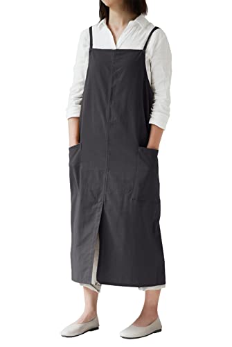 Cotton Long Square Cross Back Aprons Solid Color Cook Kitchen Garden Adjustable Tie Smock With Pockets (Darkgrey, 42Wx 38L) #TOP15