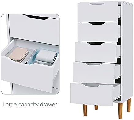Panana Chest of Drawers, Wood 5 Drawers Cabinet Narrow Storage Organiser Unit with Wooden Legs for Living Room Bedroom White