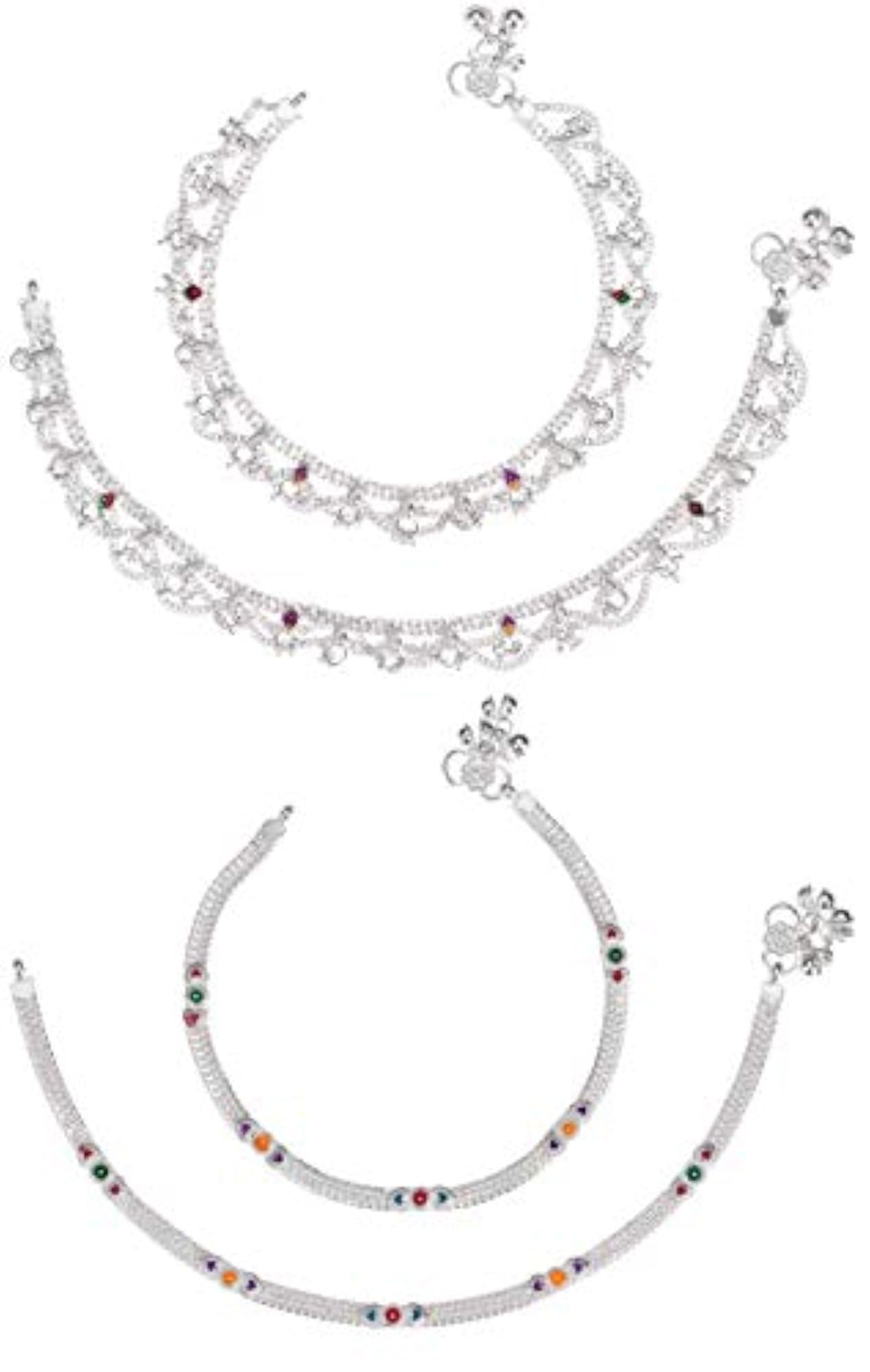 Pack of 2 Pair Indian Traditional Ethnic Silver Anklets