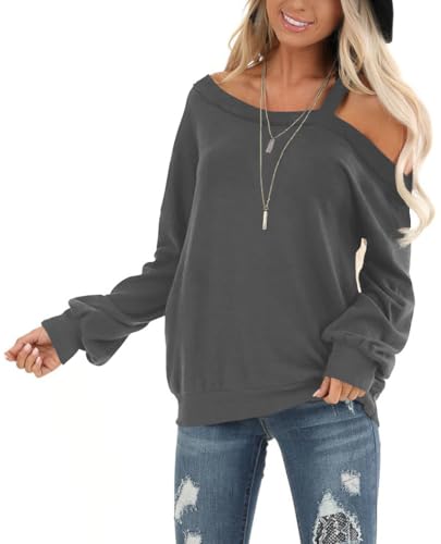 Image of Ezbelle Womens Sweaters Oversized Long Sleeve Cold Shoulder Tops Shirt Tunic Sweatshirt