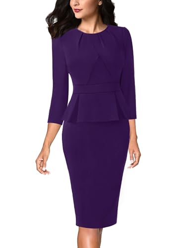 Image of VFSHOW Womens Pleated Crew Neck Peplum Slim Work Business Dress Elegant 3 /4 Sleeves Office Church Bodycon Pencil Sheath Dress