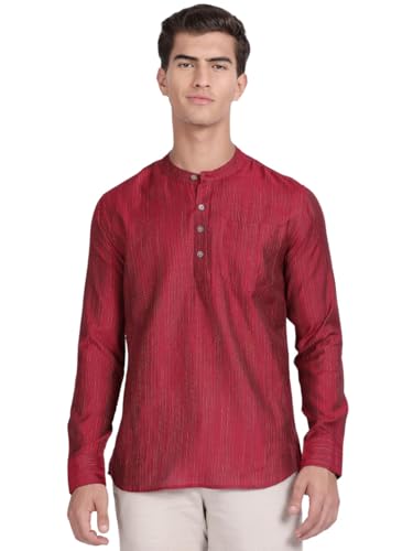 Image of KRYPTIC Men's Full Sleeve Regular Fit Short Kurta in Premium Pure Cotton with Patch Pocket and Mandarin Collar - Perfect Blend of Style and Comfort