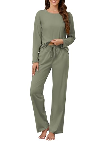 Image of KCW Womens Pajamas Sets 100% Cotton 2 Piece Lounge Set Long Sleeve Tops and Pants Soft Pjs Sleepwear with Pockets