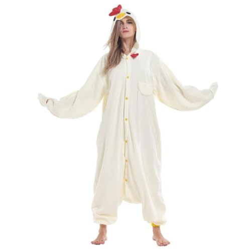 Costume de poulet en polaire unisexe avec capuche cartoon et fermeture pratique