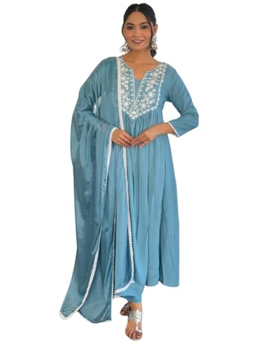 Image of Naixa Women's BSY Viscose Embroidered Flared Kurta with Pant and Dupatta Sets (Available in Plus Size) (NX-686)