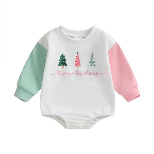 Baby Christmas Outfit Newborn Onesie Girl Color Block Long Sleeve Sweatshirt Romper Embroidery Christmas Tree Clothes
