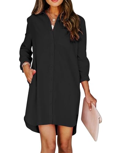 Image of Aoudery Womens Button Down Shirt Dresses with Pockets Cotton Button Up Tunics Long Sleeve Solid High Low Blouse Tops