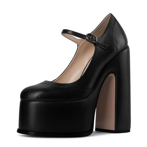 Pazzion Women Fashion Chunky Platform Round Toe Pumps Ankle Strap Buckled Thick High Heels Casual Walking Cute Mary Jane Shoes Size 4-16 US