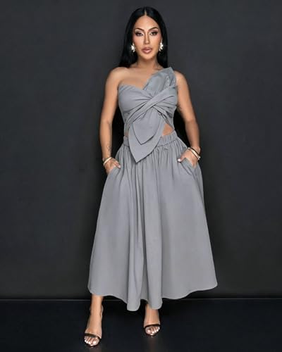 Image of YUEWOO Midi Dresses for Women Casual Summer Sundresses Vacation Outfits Spaghetti Strap Smocked Women Maxi Dress with Pockets